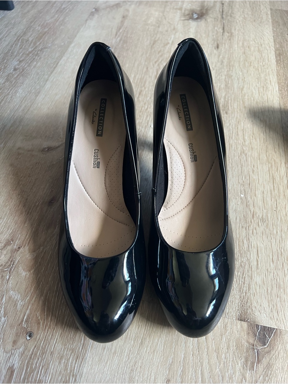 Clarks Black Patent Round-Toe Cushion Heel Pumps